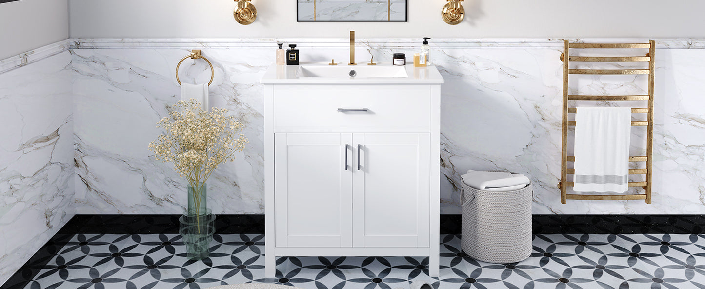 Elegant 30-Inch White Bathroom Vanity with Ceramic Sink and Ample Storage for Compact Spaces