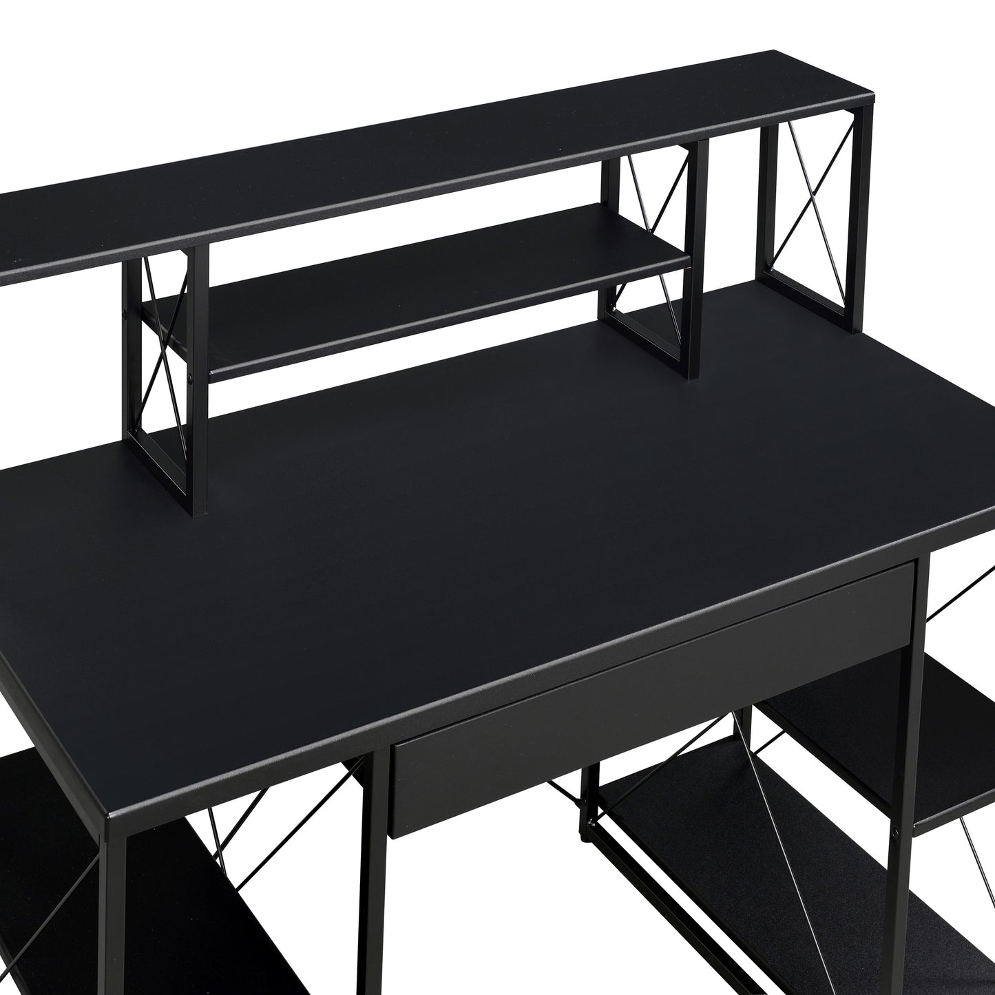 Modern Black Writing Desk with Open Storage and Metal Base