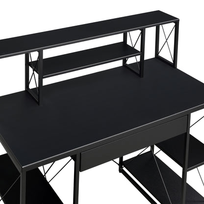 Modern Black Writing Desk with Open Storage and Metal Base