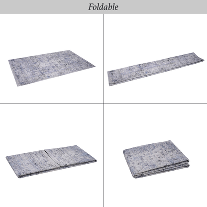 8x10 Machine-Washable Area Rug, Low-Pile, Non-Slip, Foldable, Kid & Pet Friendly - Blue & Cream