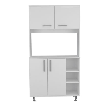 Modern White Freestanding Double Door Pantry Cabinet with Adjustable Legs and Open Shelving