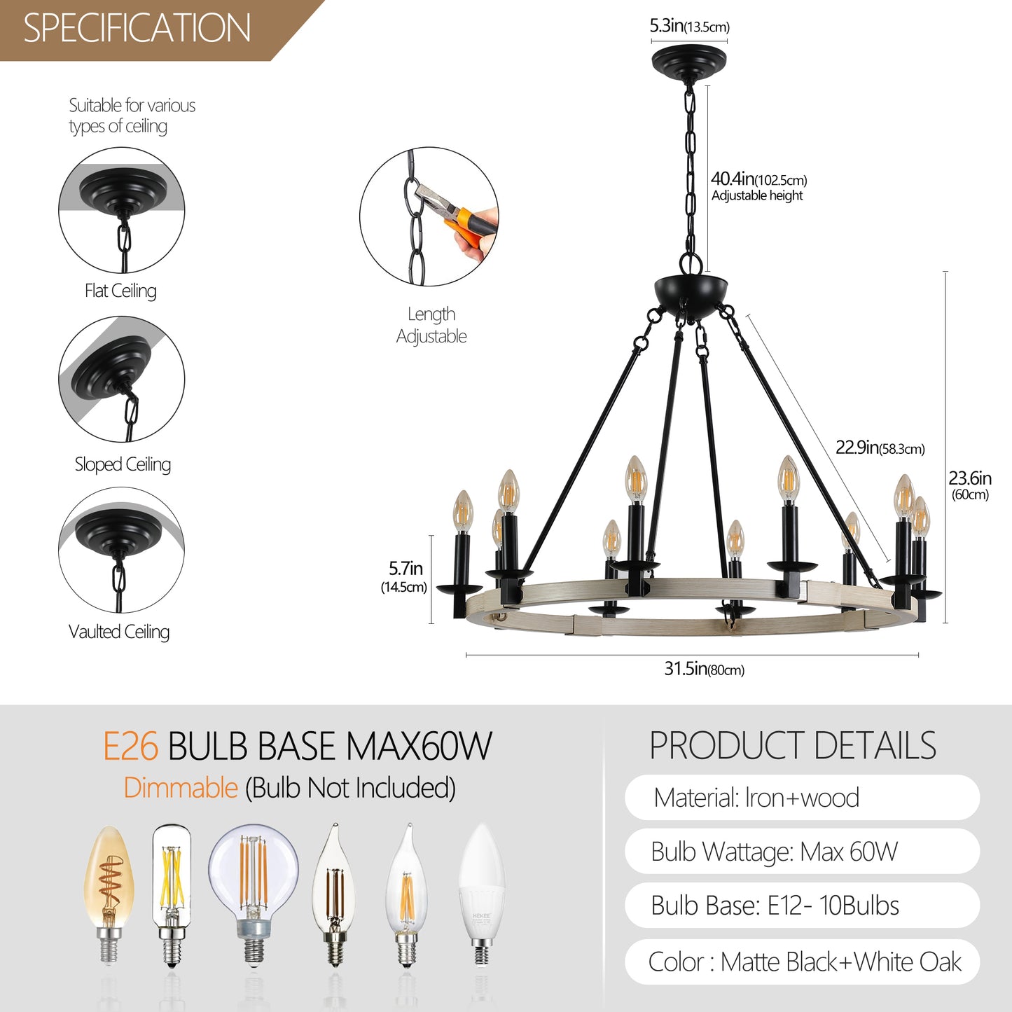 10-Light Rustic Farmhouse Round Chandelier for Dining, 31.5-in Dia, Iron & Wood, E12 Base - Matte Black