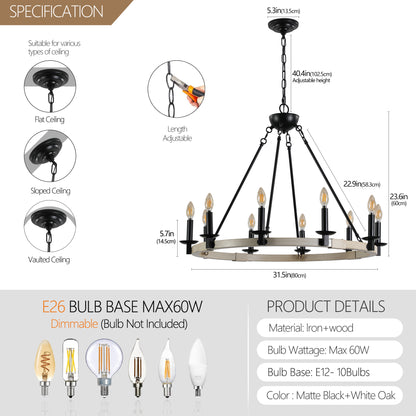 10-Light Rustic Farmhouse Round Chandelier for Dining, 31.5-in Dia, Iron & Wood, E12 Base - Matte Black