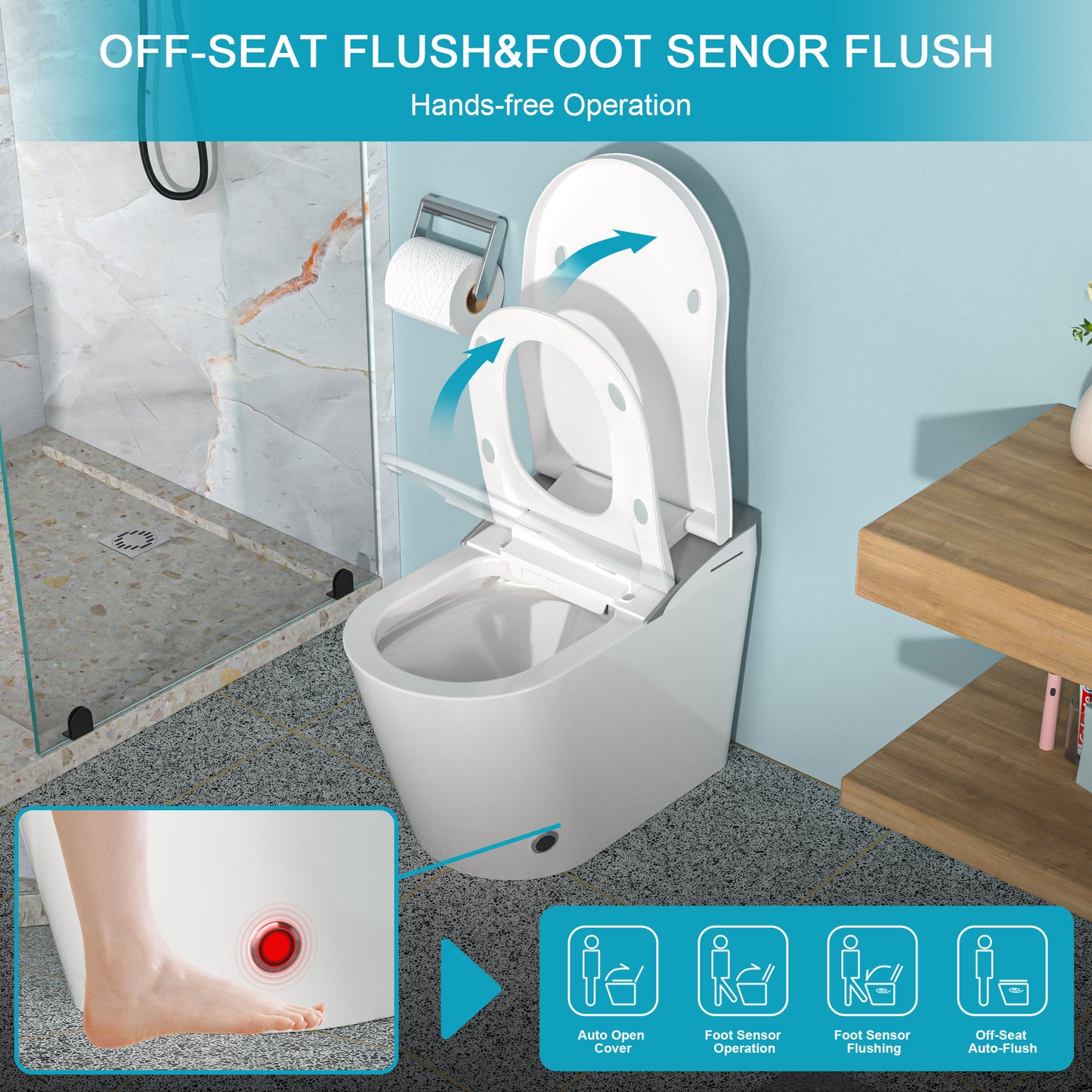 High-Tech Smart Bidet Toilet with Auto Open/Close, Heated Seat, Foot Sensor Flush, LED Control, and Night Light Features