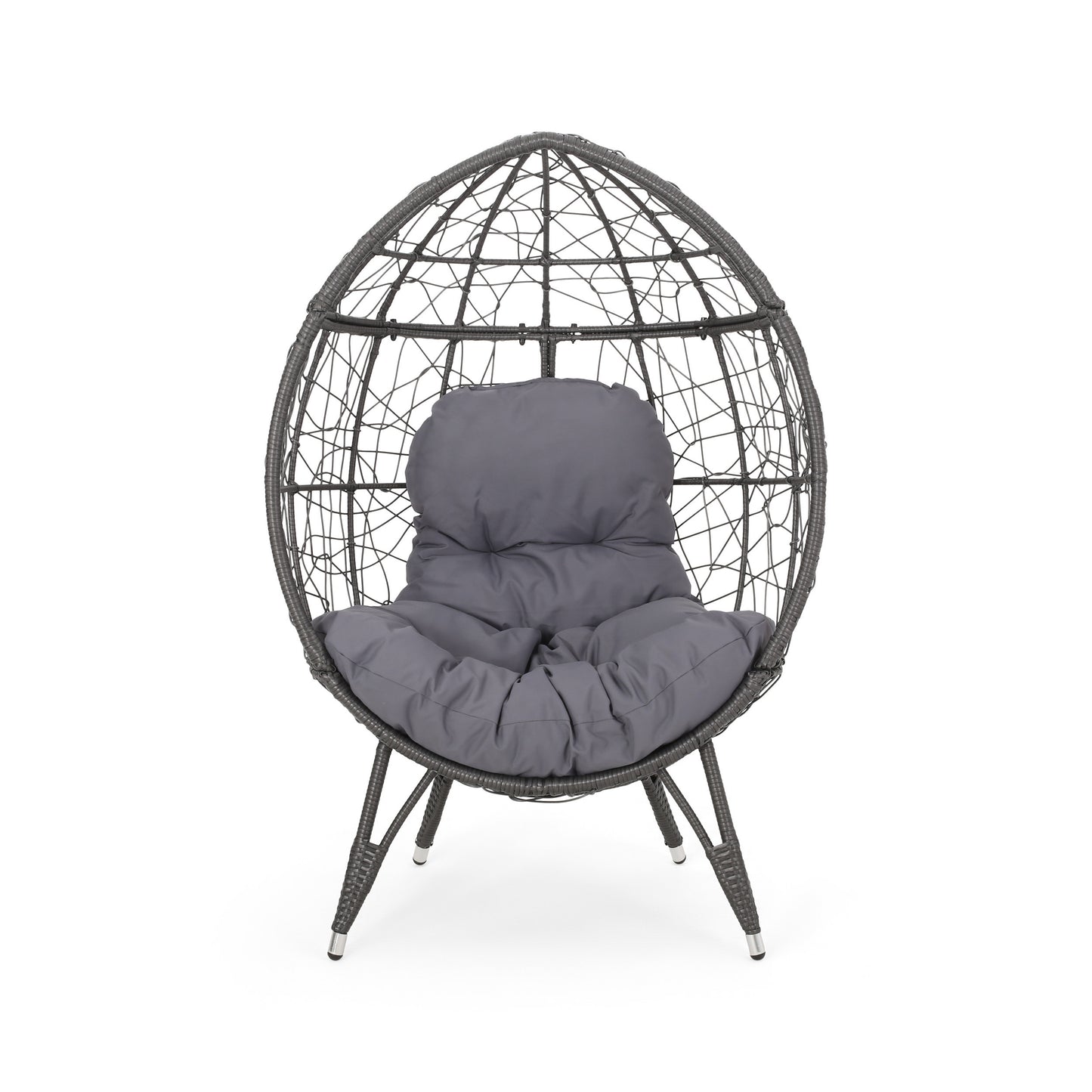 Round Hammered Iron Teardrop Chair With PE Rattan Seat, 38.5 In Length, 30.75 In Width, Waterproof Fabric, Outdoor Grey
