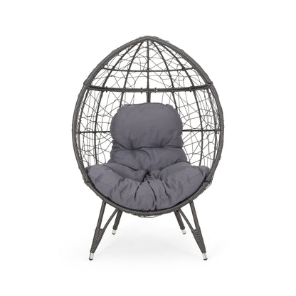 Round Hammered Iron Teardrop Chair With PE Rattan Seat, 38.5 In Length, 30.75 In Width, Waterproof Fabric, Outdoor Grey