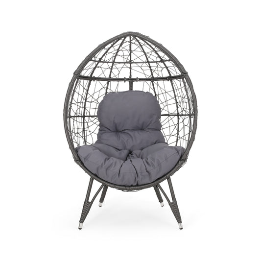 Round Hammered Iron Teardrop Chair With PE Rattan Seat, 38.5 In Length, 30.75 In Width, Waterproof Fabric, Outdoor Grey
