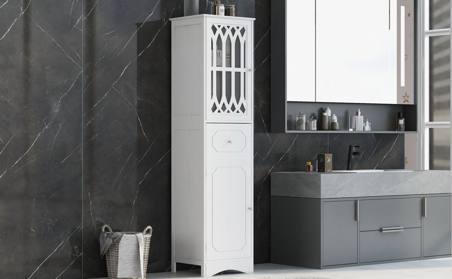Sleek White Freestanding Bathroom Storage Cabinet with Adjustable Shelves and Drawer