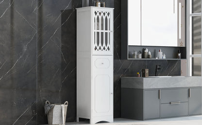 Sleek White Freestanding Bathroom Storage Cabinet with Adjustable Shelves and Drawer