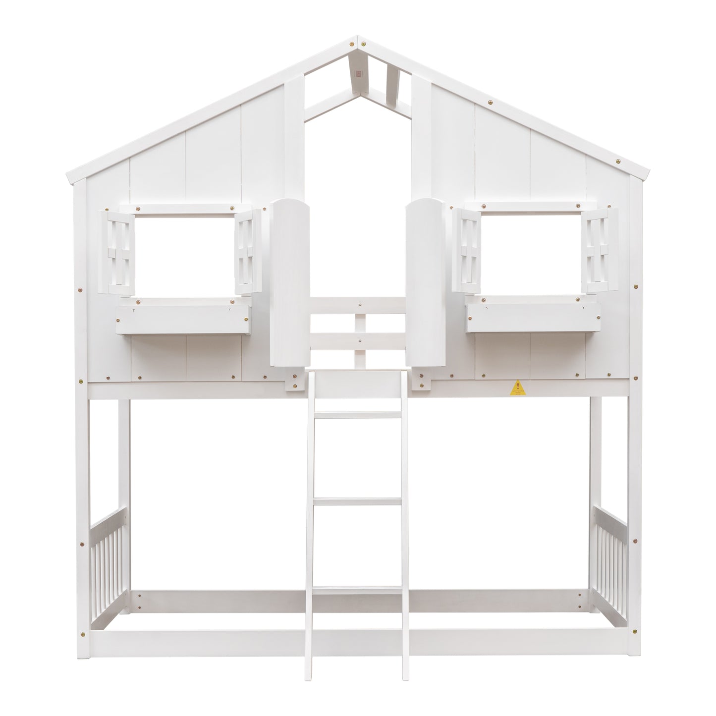 Charming Twin Over Twin House Bunk Bed with Roof and Window Features, Safety Guardrails and Ladder, White