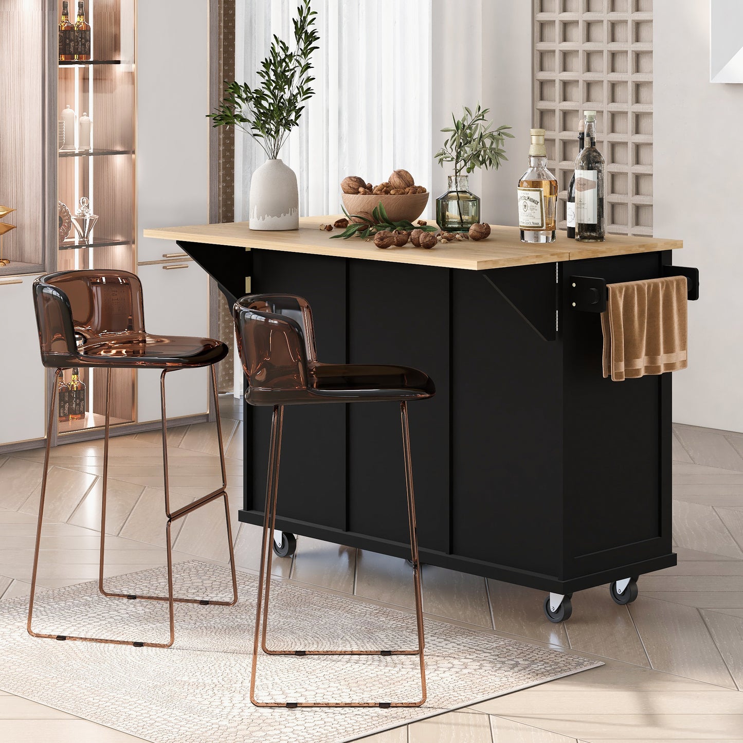 Black Kitchen Island Cart with Drop-Leaf Rubber Wood Top, Storage Cabinet, and Rolling Wheels
