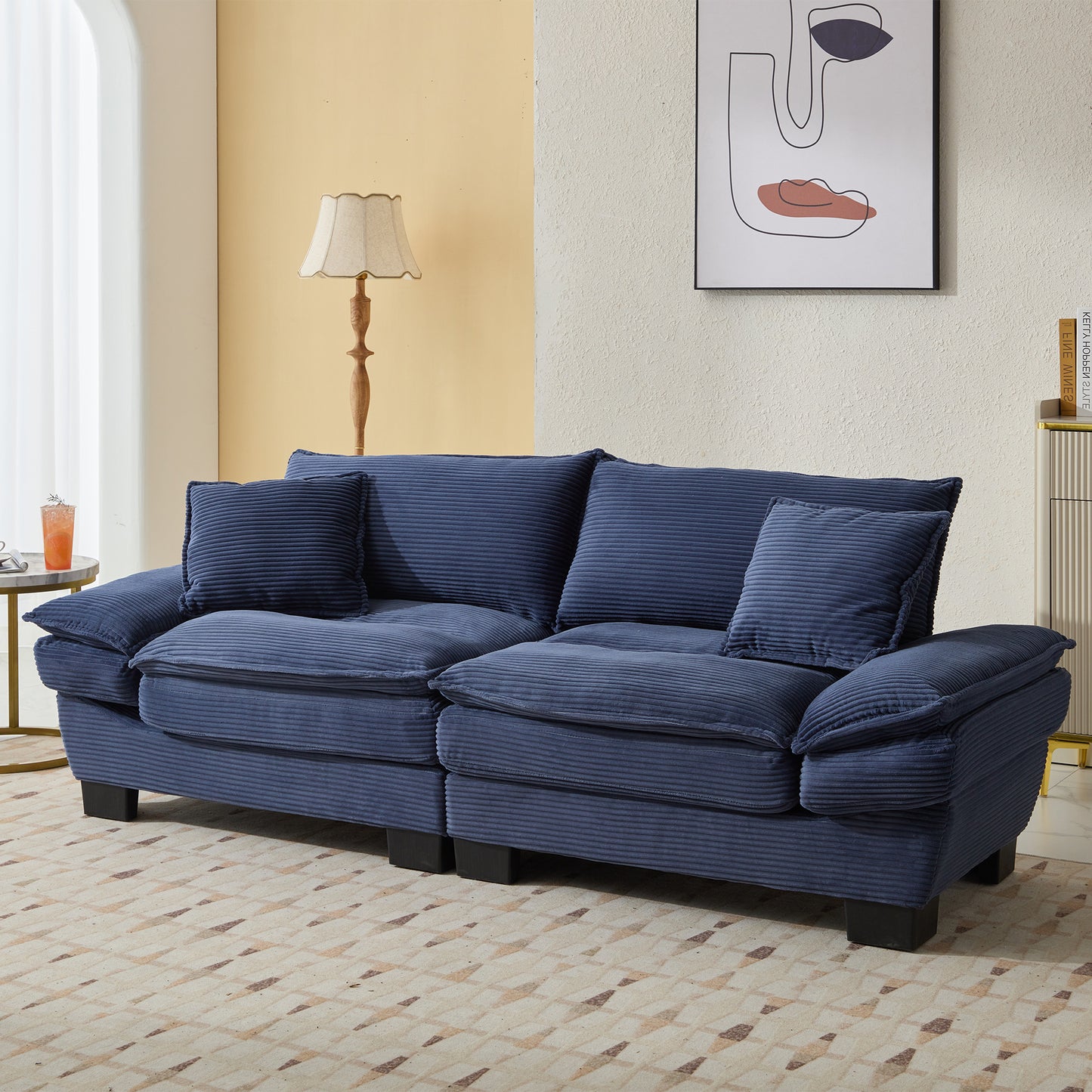 2-Seater Corduroy Sofa Loveseat with 23in Deep Seat, Pillows, Easy Assembly, Durable Wood Frame Blue
