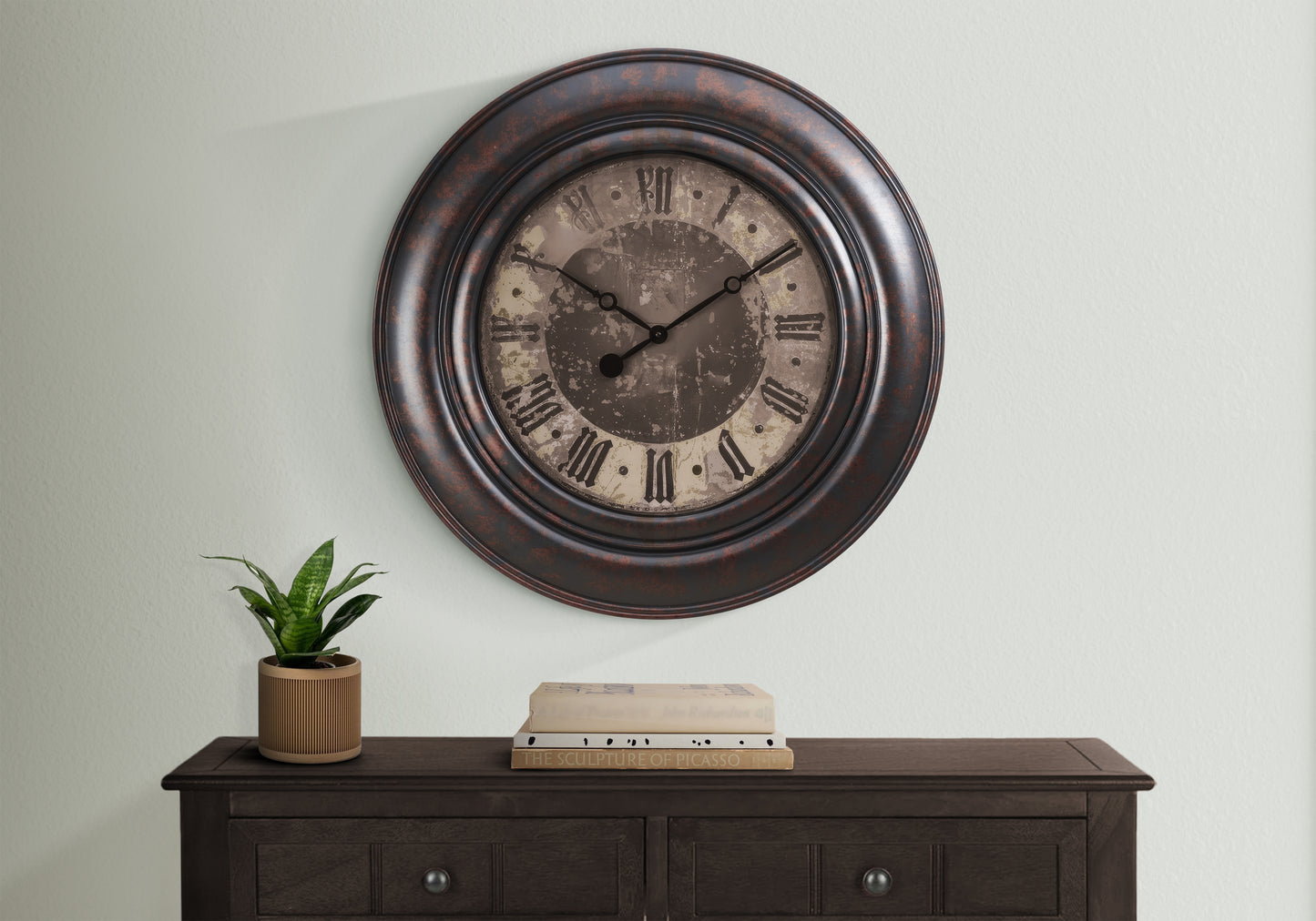 30-Inch Round Oversized Wall Clock with Roman Numerals, Silent Quartz Movement, Glass, No Assembly, Brown
