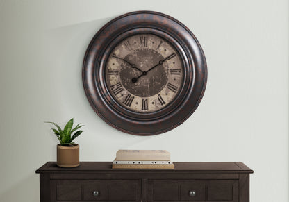 30-Inch Round Oversized Wall Clock with Roman Numerals, Silent Quartz Movement, Glass, No Assembly, Brown