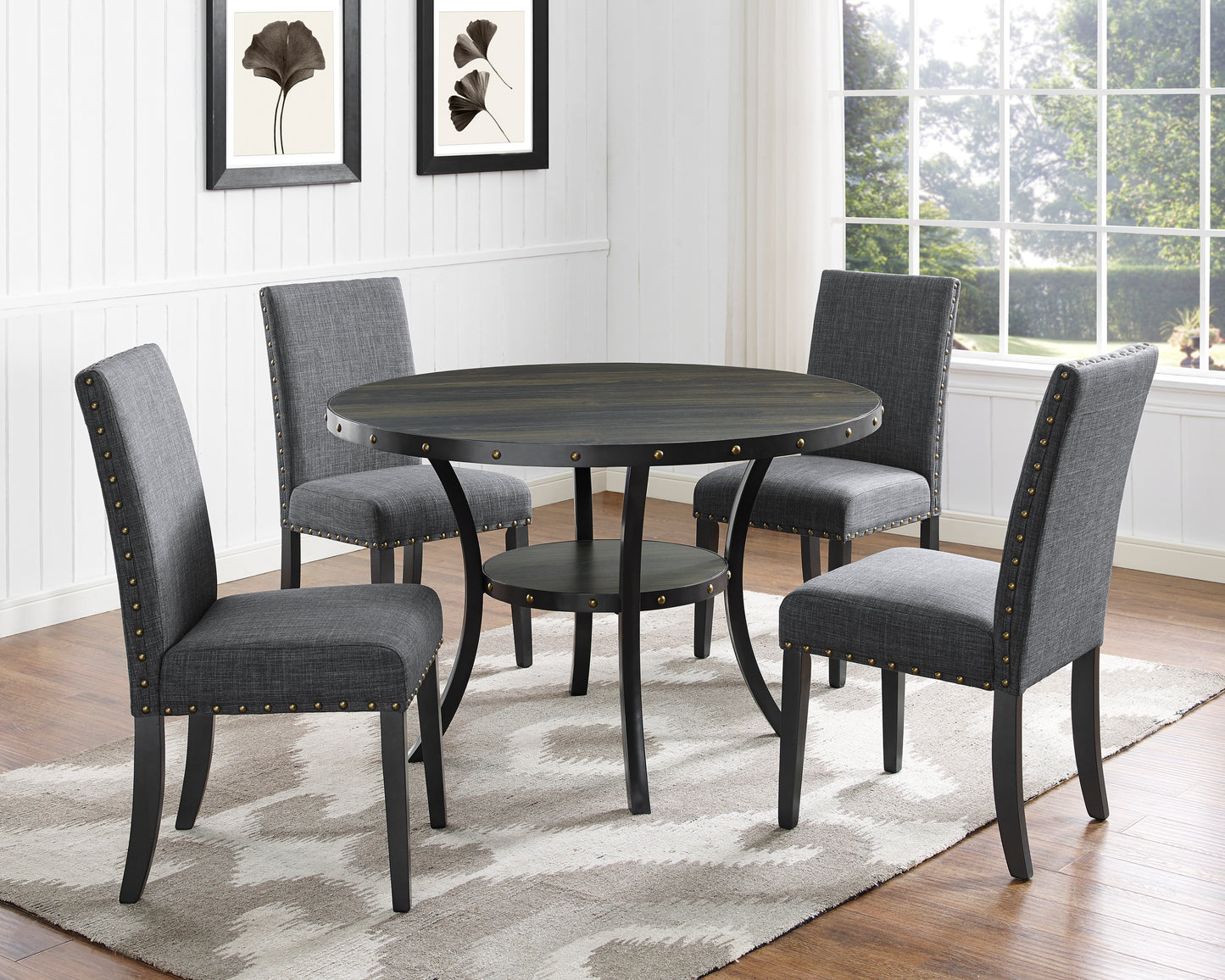 Round 48 Inch Wood Dining Set Four Nailhead Chairs Gray
