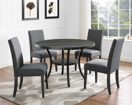 Round 48 Inch Wood Dining Set Four Nailhead Chairs Gray