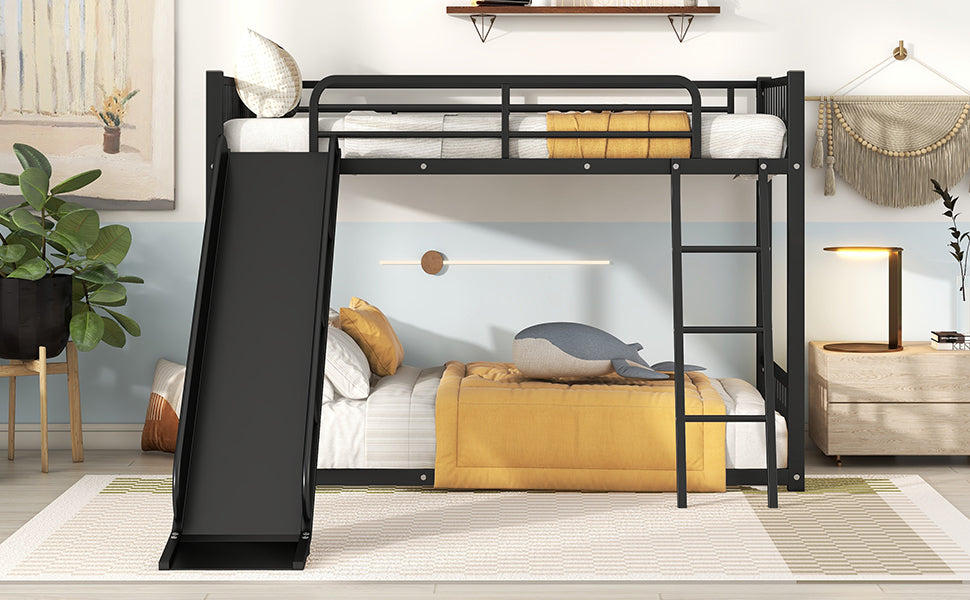 Twin Metal Bunk Bed with Fun Slide - Black Color