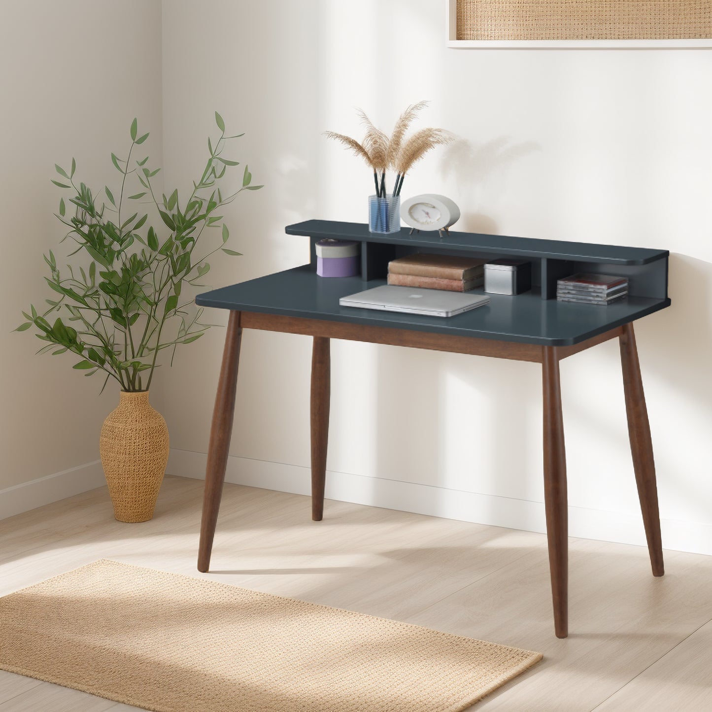 Grey and Brown Mid-Century Modern Rubber Wood Writing Desk with Hutch