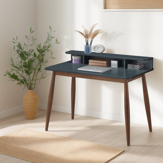 Grey and Brown Mid-Century Modern Rubber Wood Writing Desk with Hutch