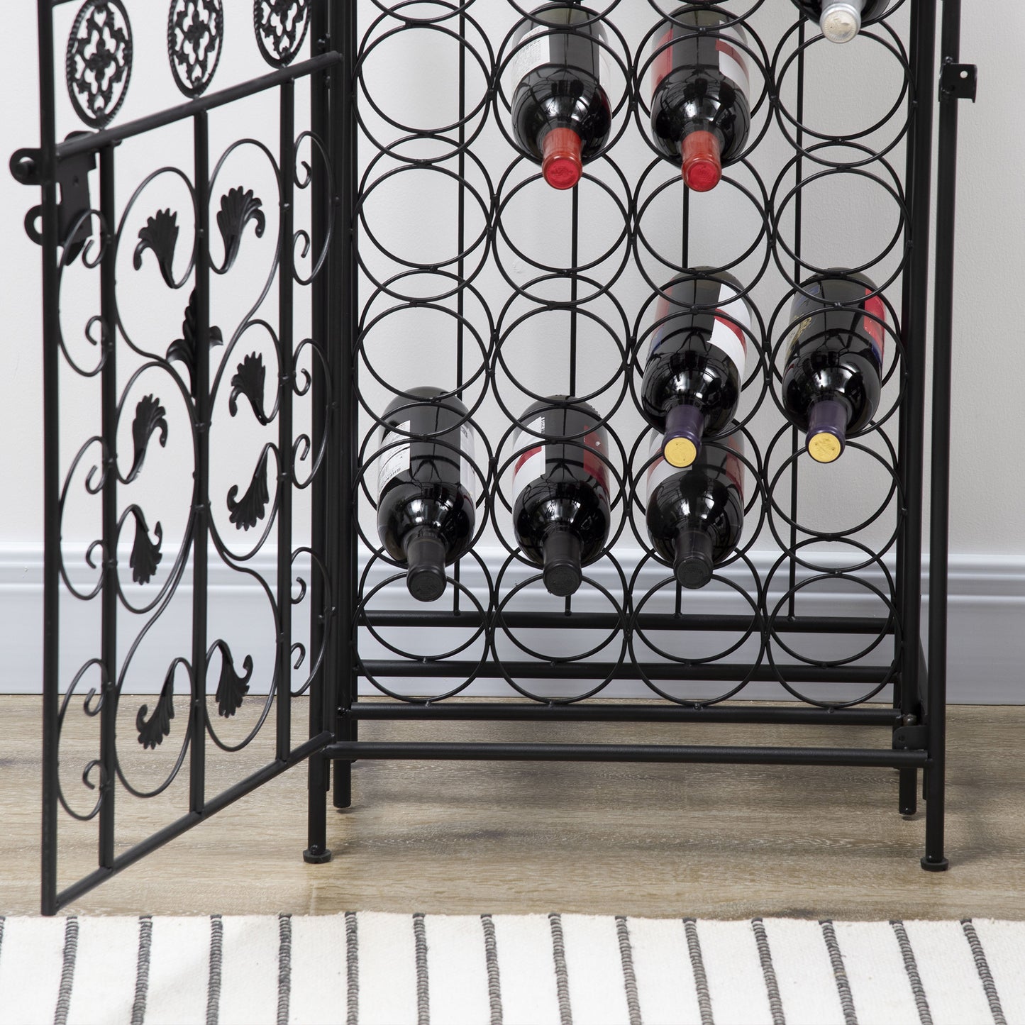 Elegant Black Wrought Iron Wine Cage Rack For 45 Bottles