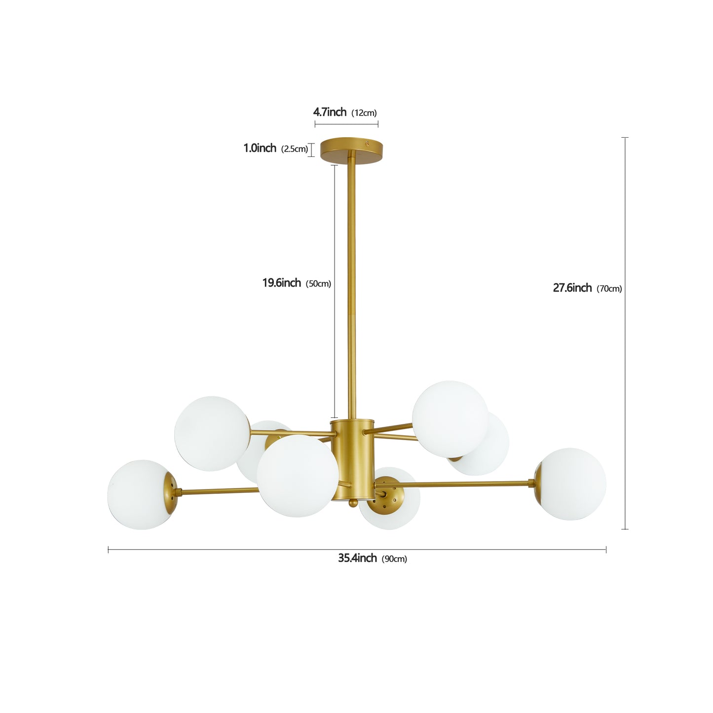 8-Light Modern Chandelier with White Glass Globes, Mid-Century Branching Iron Frame Ceiling Fixture Gold