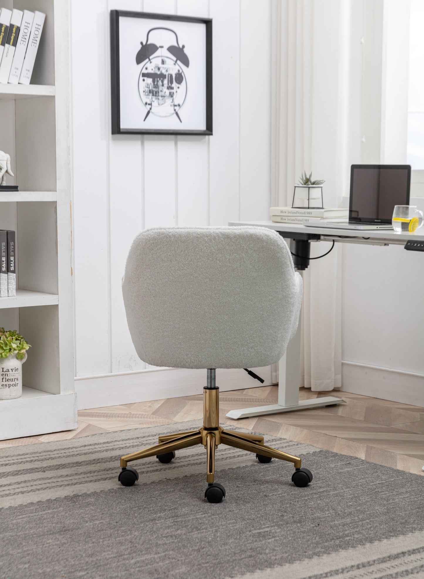 Elegant White Teddy Fabric Home Office Chair with Gold Metal Legs and 360° Swivel Function