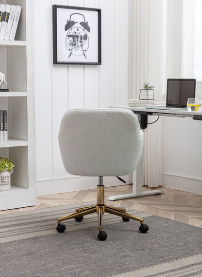 Elegant White Teddy Fabric Home Office Chair with Gold Metal Legs and 360° Swivel Function