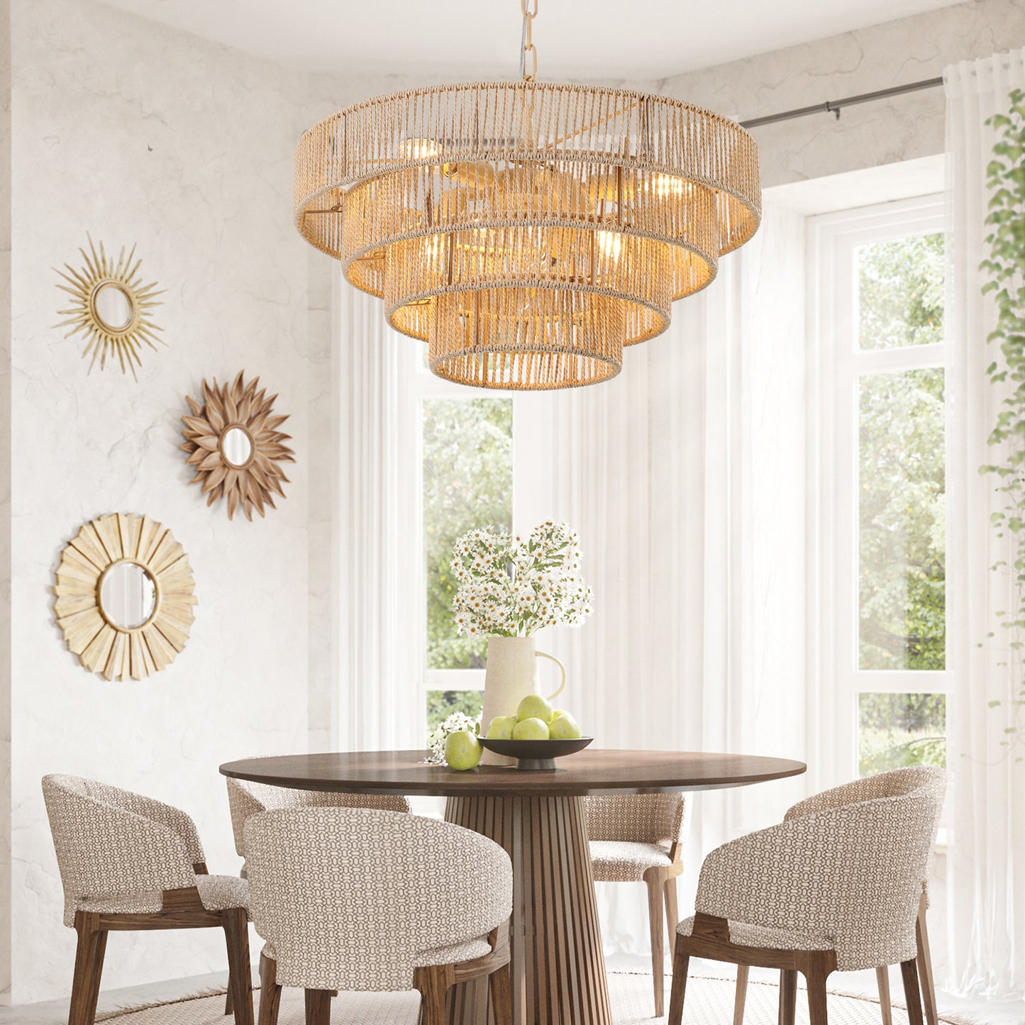 Bohemian Rattan Pendant Light, 19.7-Inch Dia, 4-Tier Chandelier, Adjustable Chain, E12 Bulbs Ready Wood