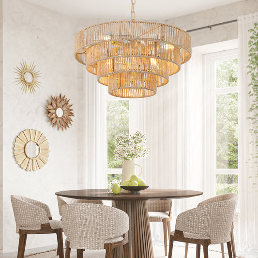 Bohemian Rattan Pendant Light, 19.7-Inch Dia, 4-Tier Chandelier, Adjustable Chain, E12 Bulbs Ready Wood