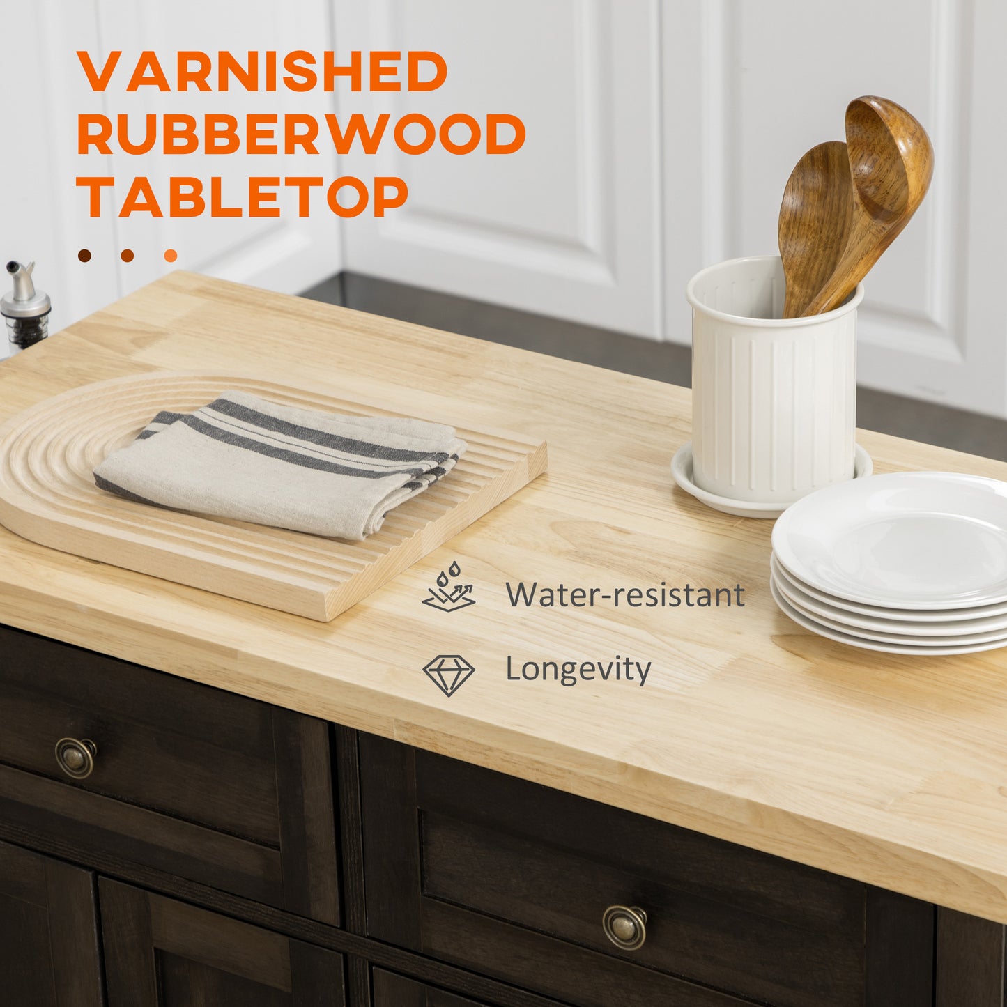 Modern Brown Oak Rolling Kitchen Island Cart with Spice Rack and Adjustable Shelves