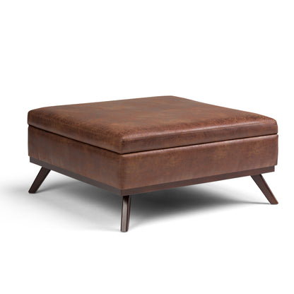 Square Lift-Top Inner Storage Coffee Table Ottoman, Solid Wood, Vegan Leather, Distressed Saddle Brown