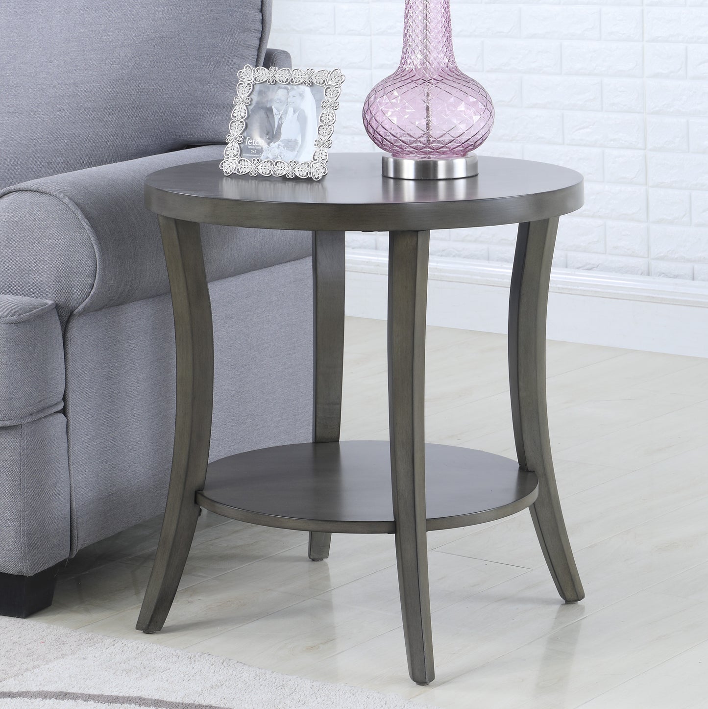 Contemporary Oval End Table with Shelf 23W x 23D x 23.5H in Birch Wood Veneer Top, Under-Shelf, Gray