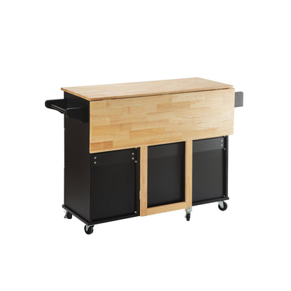 Mobile Kitchen Island with Rubber Wood Top, Adjustable Shelves & Spice Rack - Black-Beech Finish