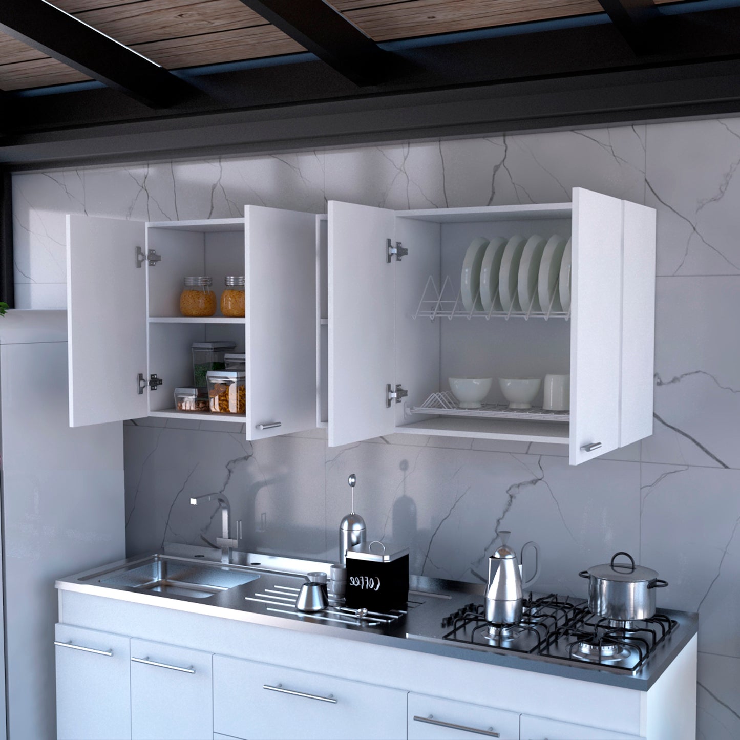 Winslow 59" Modern Wall Cabinet with Four Doors and Two Shelves for Kitchen Storage