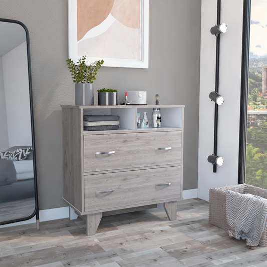 Portanova Modern Light Gray and White Dresser with Two Drawers and Open Shelves