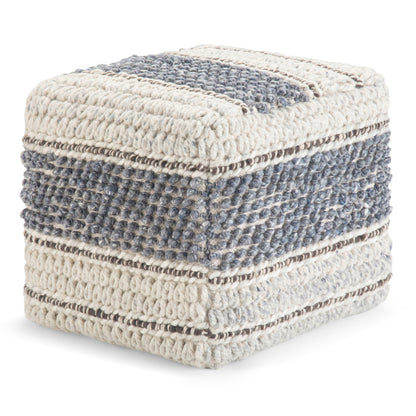 Square Pouf, Handwoven Wool & Cotton, 18in Dia x 14in H, Foot Stool & Accent Seating, Blue/Natural