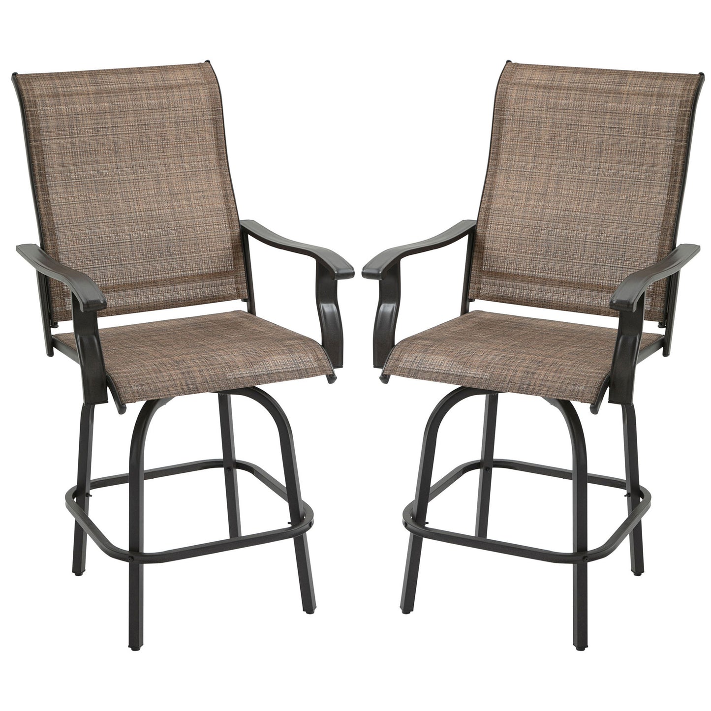 Set Of 2 Outdoor Swivel Bar Stools With Armrests Bar Height Patio Chairs Steel Frame Poolside Brown