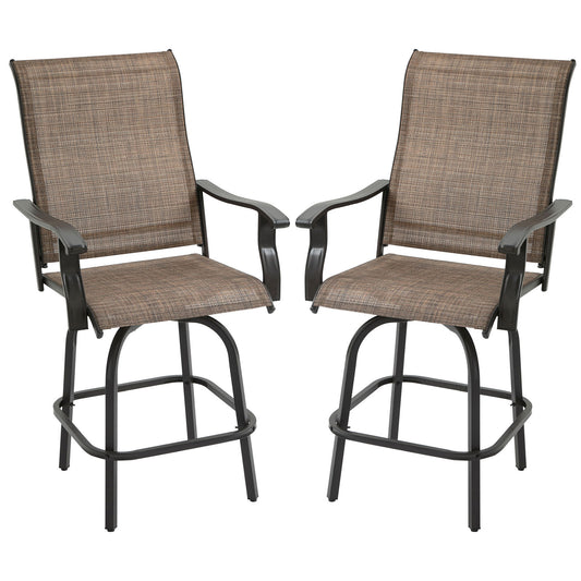 Set Of 2 Outdoor Swivel Bar Stools With Armrests Bar Height Patio Chairs Steel Frame Poolside Brown