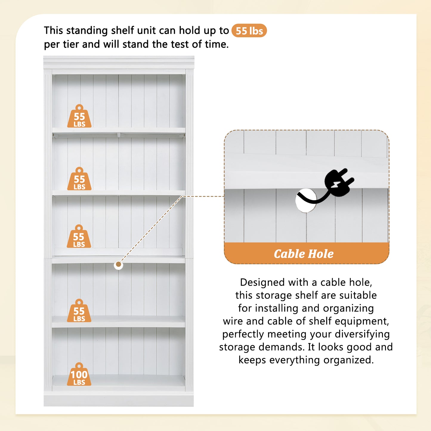 Modern 5-Tier White Wooden Bookcase with Adjustable Shelves for Home and Office Storage