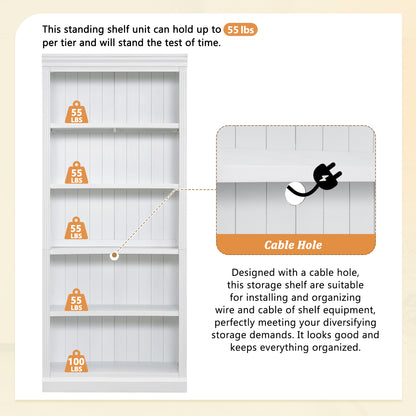 Modern 5-Tier White Wooden Bookcase with Adjustable Shelves for Home and Office Storage