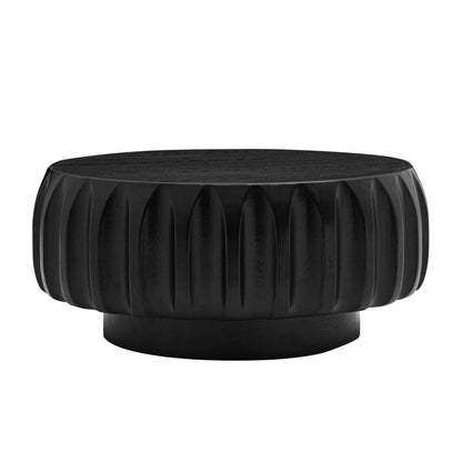 Round Solid Wood Coffee Table with Sculptural Carved Saman Frame, 31.5in, Ash Veneer Top, Black