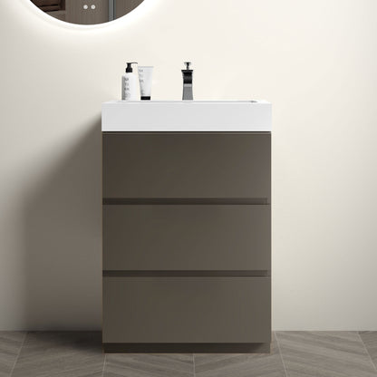 Contemporary 24" Gray Freestanding Bathroom Vanity with Glossy White Sink, Efficient Storage Solution with Silent Drawers, Pre-assembled Design