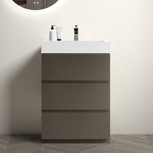 Contemporary 24" Gray Freestanding Bathroom Vanity with Glossy White Sink, Efficient Storage Solution with Silent Drawers, Pre-assembled Design