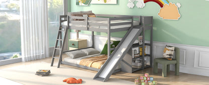 Gray Full Over Full Bunk Bed with Slide, Ladder, and Storage Shelves