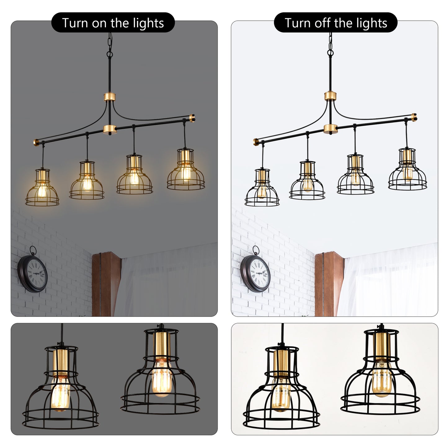 40-Inch Linear 4-Light Farmhouse Chandelier for Island, Metal Shade, Adjustable, Matte Black & Matte Gold