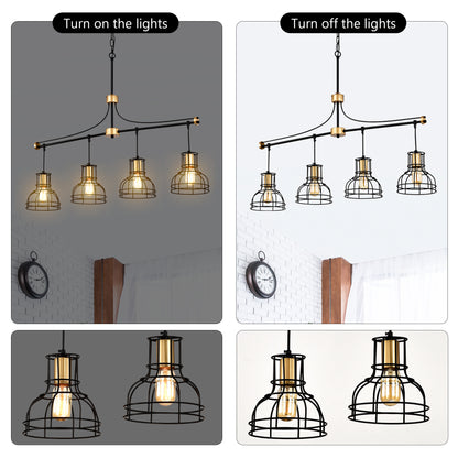 40-Inch Linear 4-Light Farmhouse Chandelier for Island, Metal Shade, Adjustable, Matte Black & Matte Gold