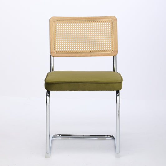 Set of 2 Velvet Dining Chairs with Rattan Back and Cantilever Chrome Base, Mid-Century Style, Olive Green