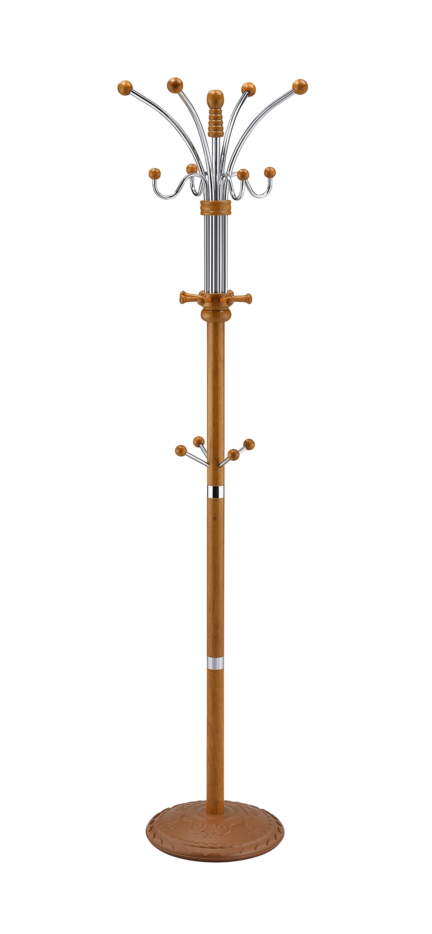 Standing Coat Rack, 73-Inch Tall, Chrome and Wood, 19x19 Inch Base, 60 lb Capacity, Oak finish