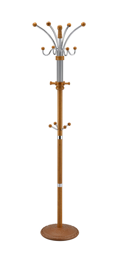 Standing Coat Rack, 73-Inch Tall, Chrome and Wood, 19x19 Inch Base, 60 lb Capacity, Oak finish