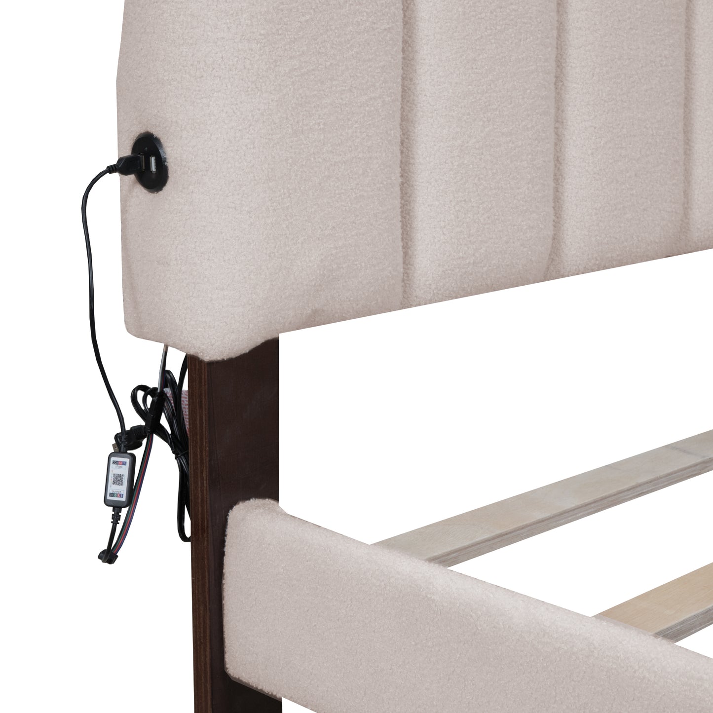 Beige Teddy Fleece Queen Upholstered Platform Bed with Storage Drawer